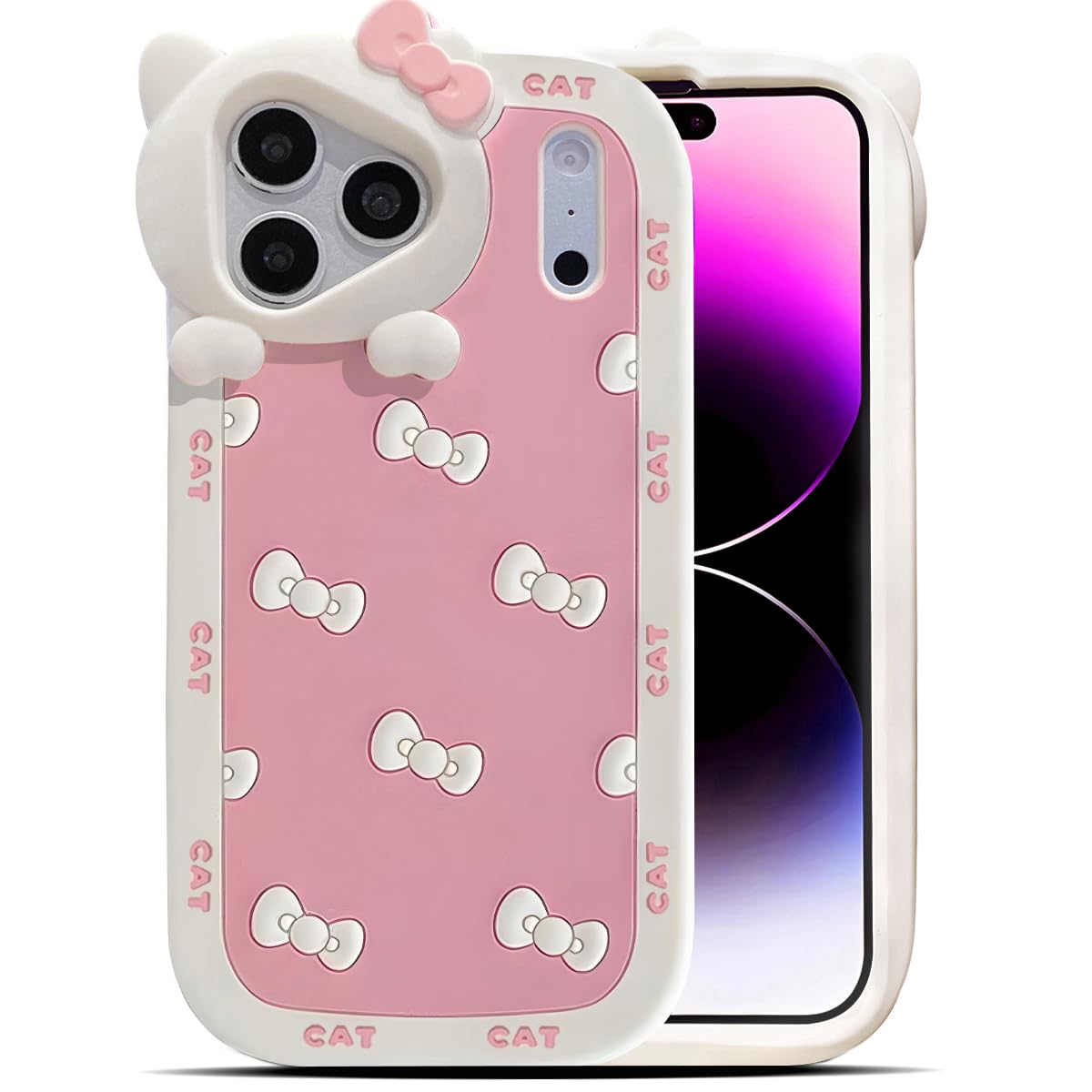 Cute Case for iPhone 17 Pro Max 6.9'', Black Kawaii Funny 3D Bow Cartoon Silicone Cat Phone case, Soft Shockproof Classic Protective Cover for Women Girls, and Kids