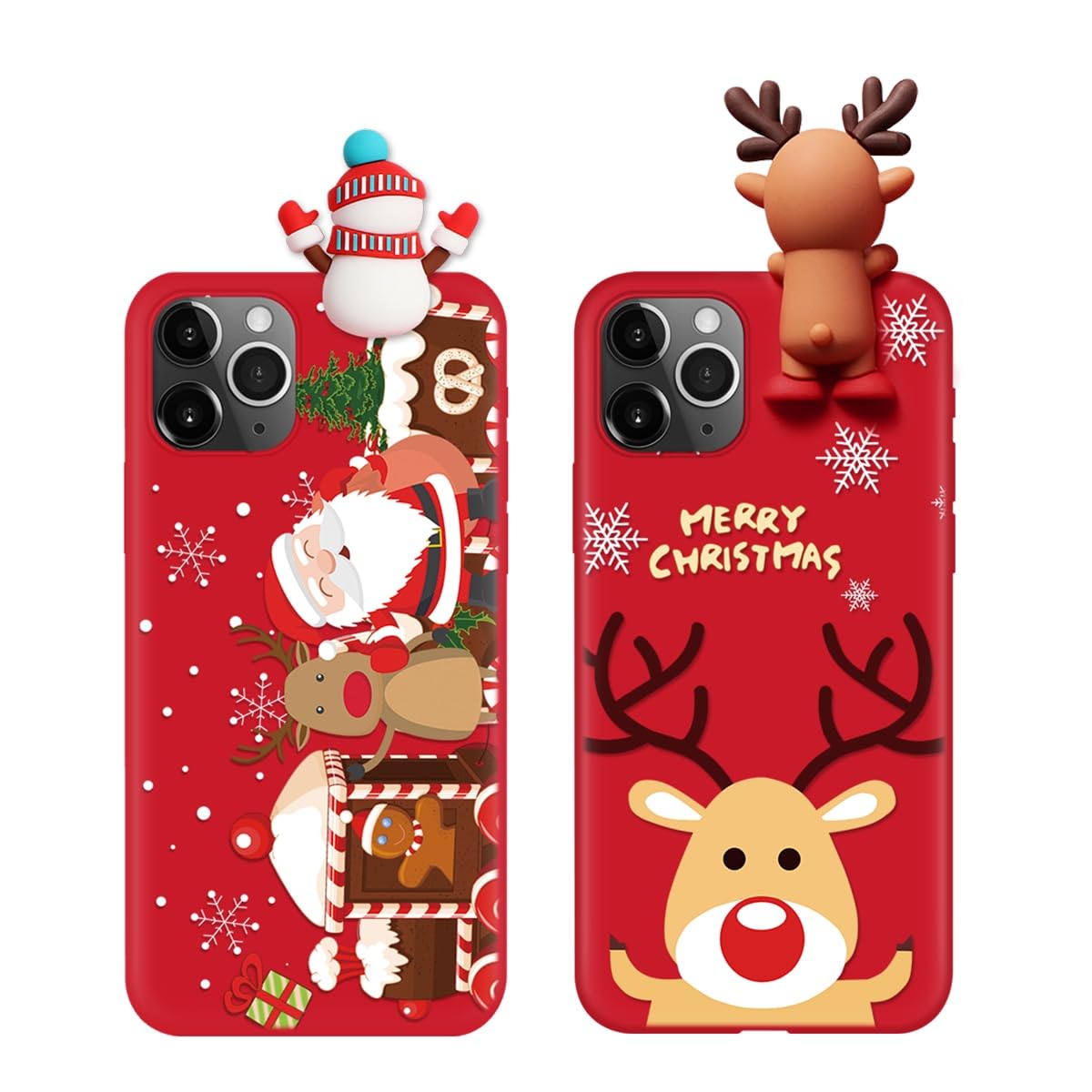 2 Pack Cute Christmas Case for iPhone 13/14",Red 3D Doll Snowman Elk Merry Christmas Pattern Soft Silicone TPU Pretty Flexible Protective Funda for Kid Girls Women