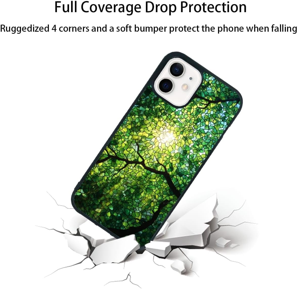 Nature Stained Glass Green Forest Tree Sunlight Phone Case, Shockproof Protective Cover for iPhone 11 12 13 14 15 16 17 Pro Max Plus Mini XR 7 8 SE