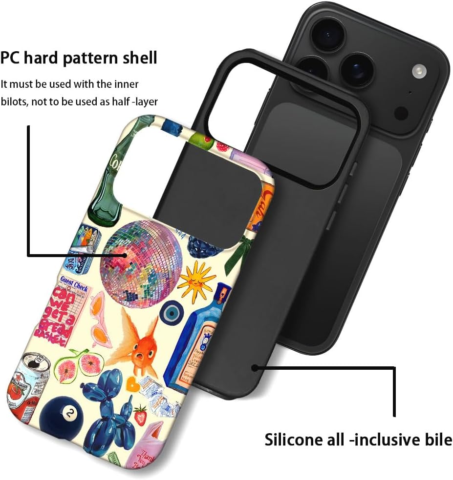 Case Compatible with iPhone 17 Pro,Fall Prevention Hybrid 2-Layer Hard Shell Phone Cover for Girls Boys,Collage European Disco