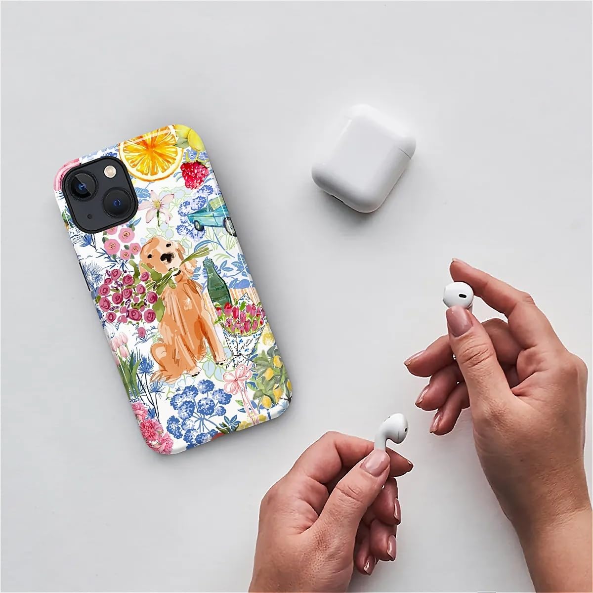 for iPhone 13/14 Case,Hybrid 2-Layer Hard Shell + Silicone Protective Case -Resistant Shockproof- Ally's Dog's Cute College Summer Flower Collage