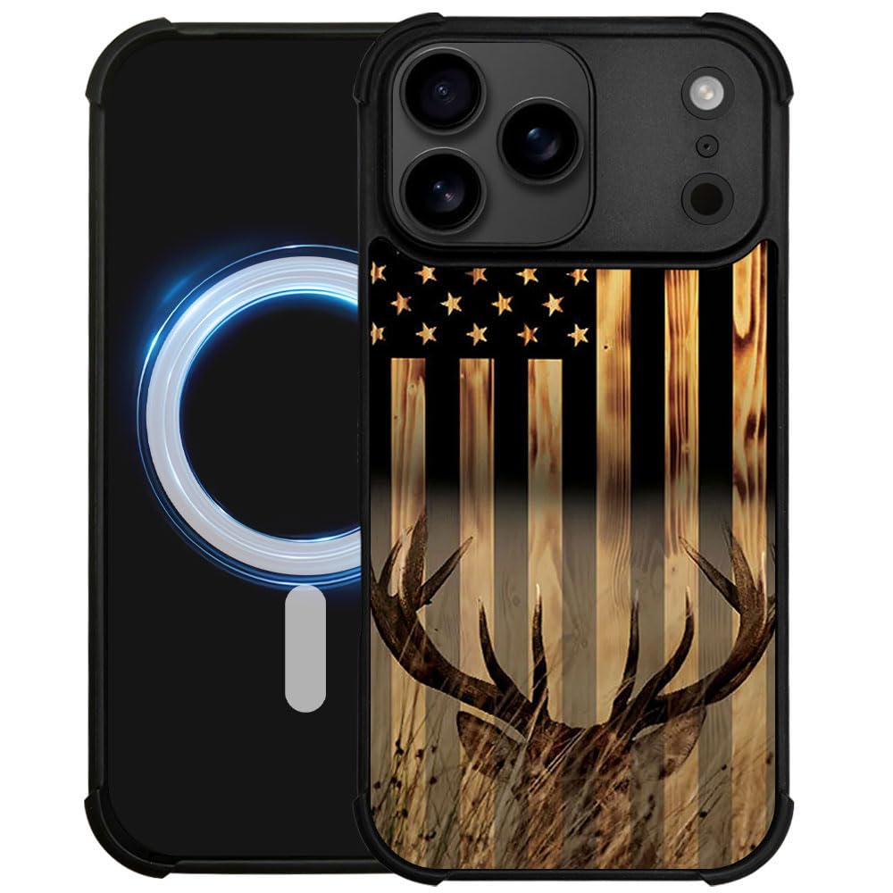 DJSOK Case for iPhone 17,Compatible with MagSafe,Anti-Scratch Shockproof Case,Wood American Flag Fish