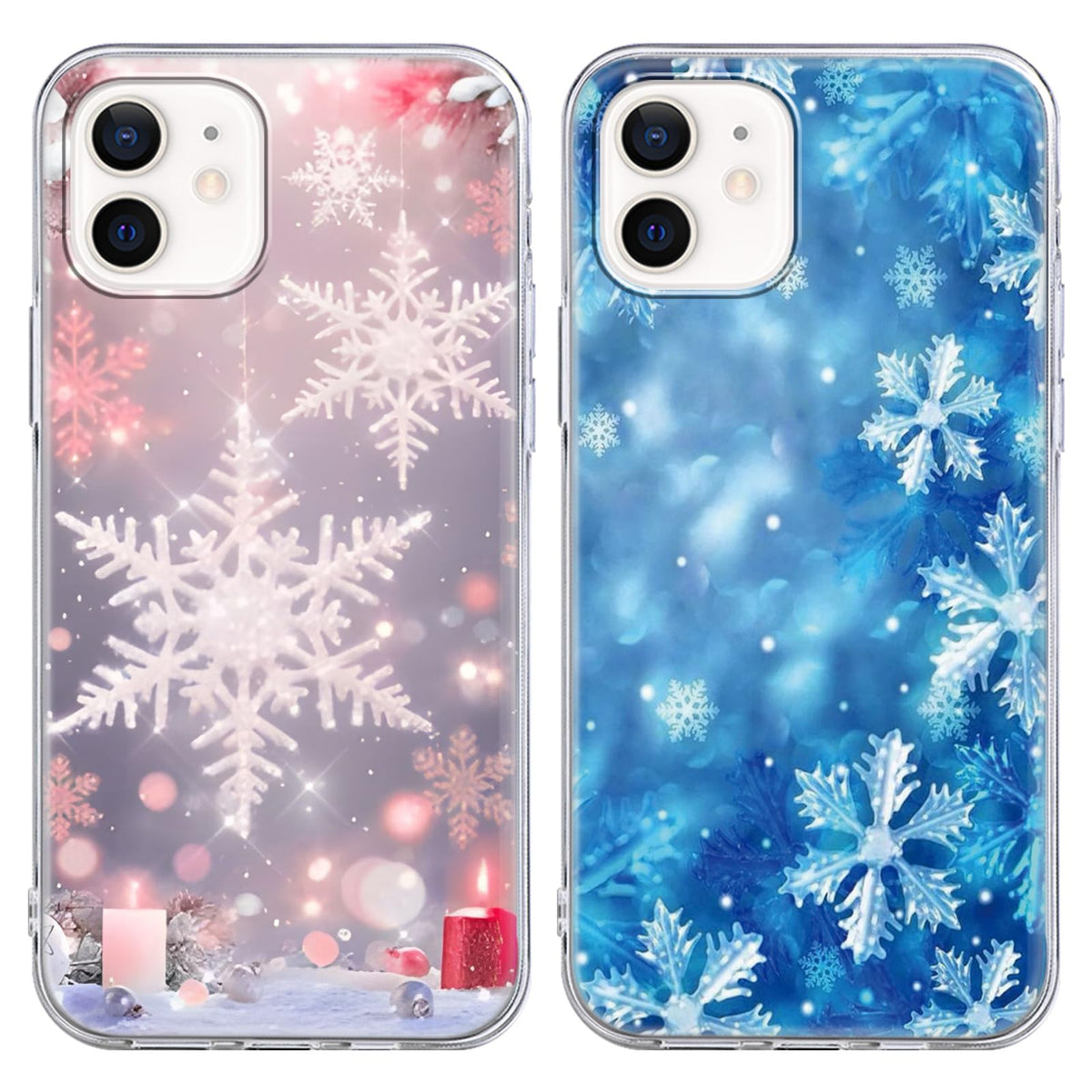 Christmas 2 Pack for iPhone 14/13 Phone Cases, Cute Case with Snowflake Printed Pink Blue Pattern Clear Soft Aesthetic Design Funda Flexible Ultra-Thin Girly Protective Women Cover