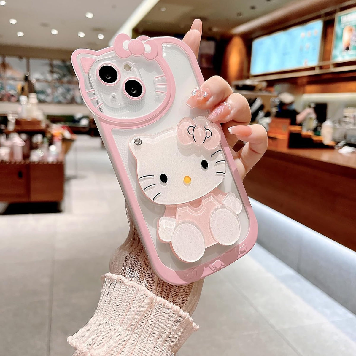 for iPhone 15 Kawaii Cartoon Cute Pink Phone Case，Built-in Makeup Mirror for Women Girls, Soft Transparent Protective Pink Phone Case