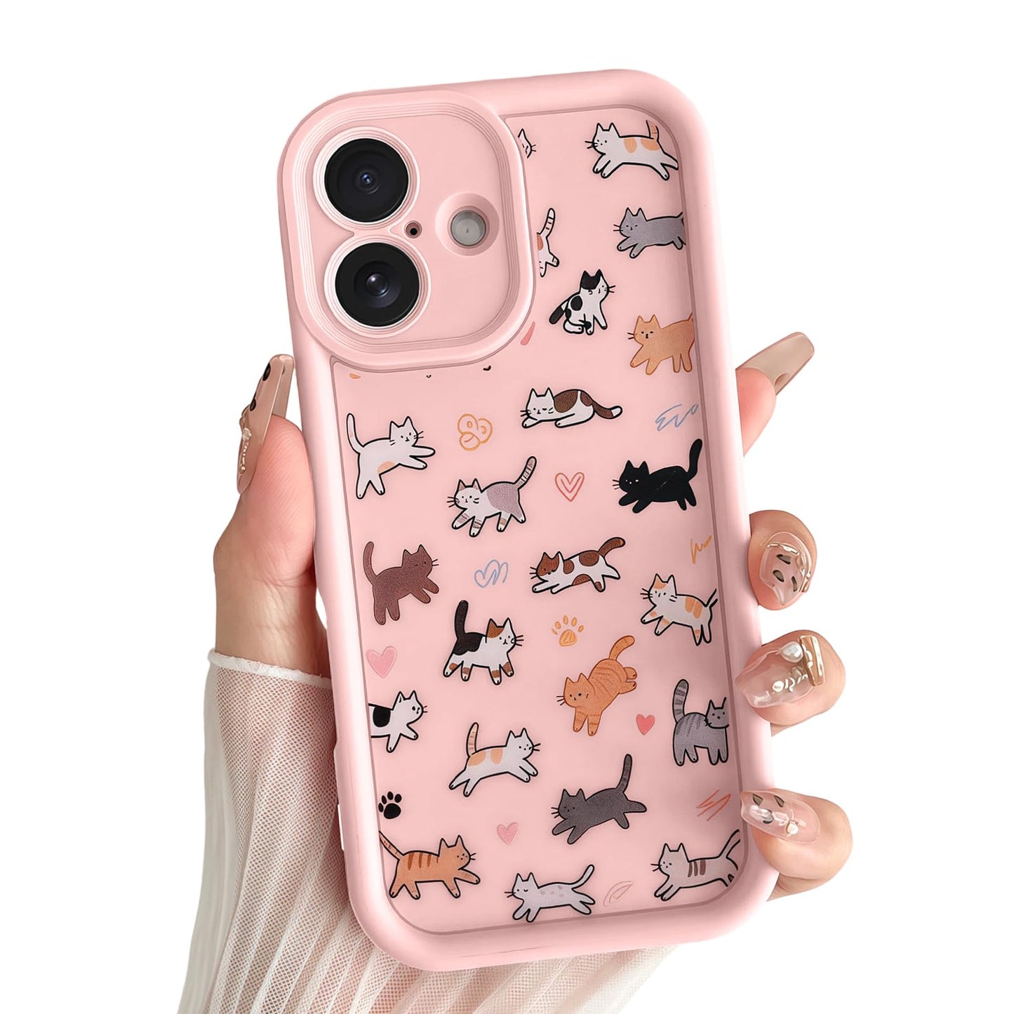 for iPhone 13 Phone Case, Cute 3D Cat Ears and Vintage Hand-Drawn Multi-Cats Heart Cartoon Pattern, with Cat Paw Buttons, Trendy Shockproof Soft Protective Phone Cover, Cat Ears