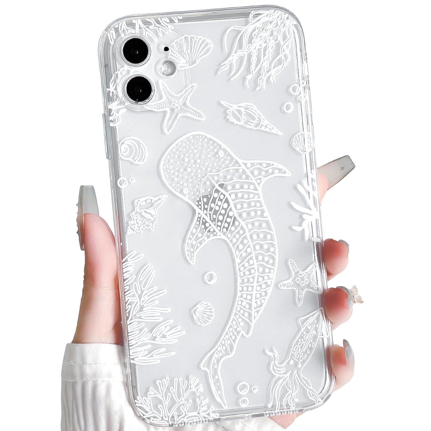 NITITOP Compatible with iPhone 16 Case Clear Sea - White Fish | Cute, Shell whale ocean animal, For women men girls boys, Slim, Soft TPU, Shockproof