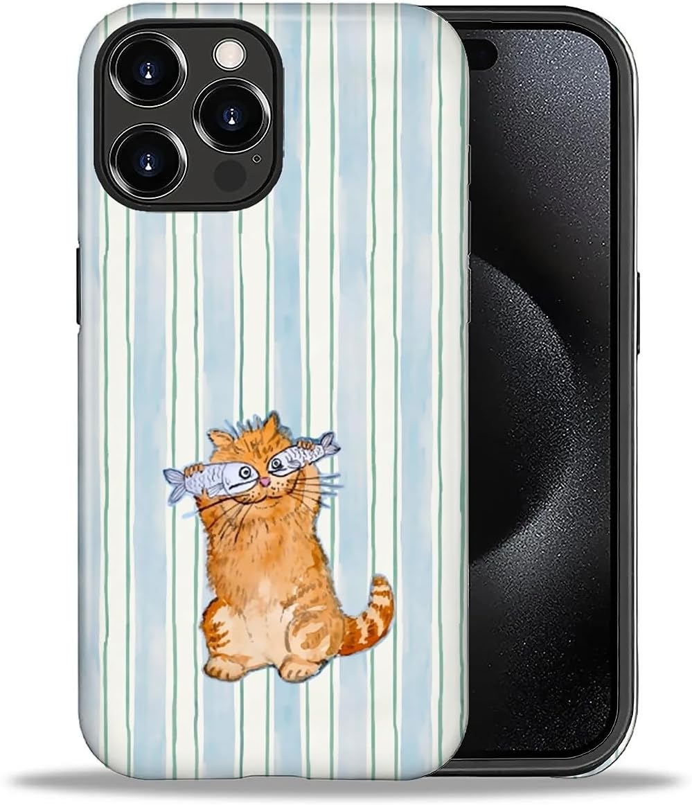for iPhone 15 Pro Case,Hybrid 2-Layer Hard Shell + Silicone Protective Case -Resistant Shockproof- A Naughty Cat with Blue Stripes Eating Fish
