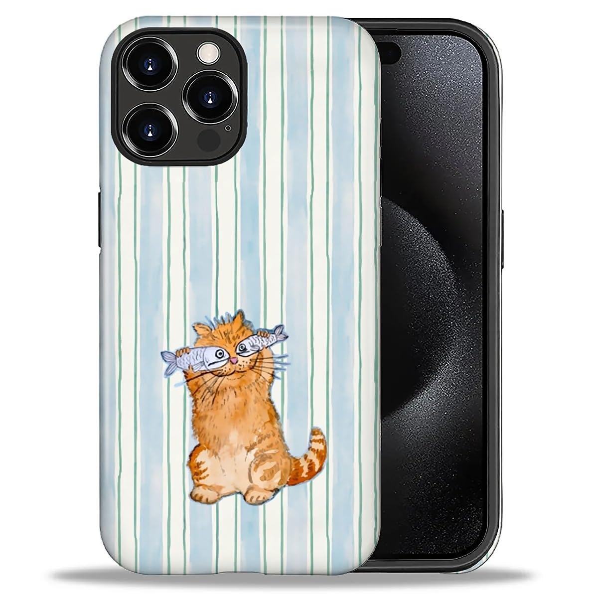 for iPhone 15 Pro Case,Hybrid 2-Layer Hard Shell + Silicone Protective Case -Resistant Shockproof- A Naughty Cat with Blue Stripes Eating Fish