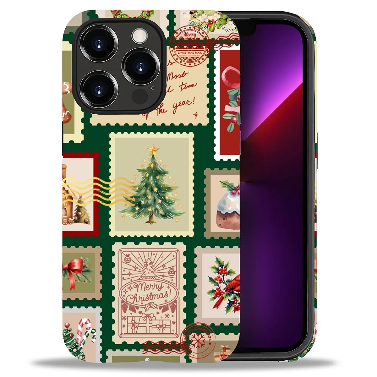 Case for iPhone 17,Drop Protection Hybrid 2-Layer Hard Phone Cover-Vintage Christmas Stamps Collage
