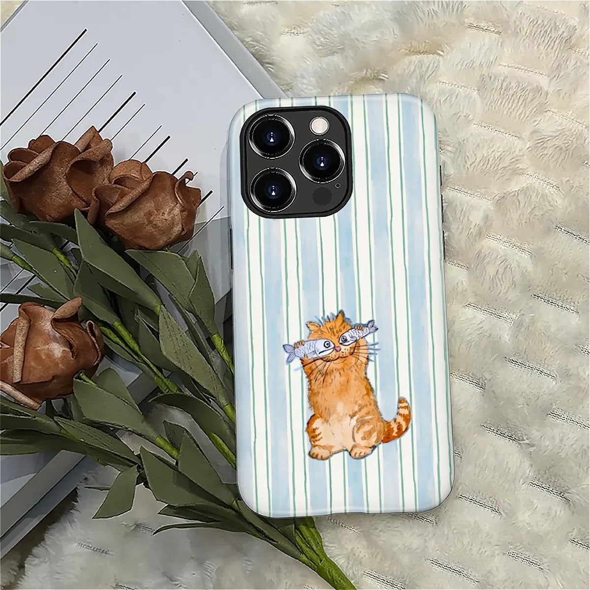 for iPhone 15 Pro Case,Hybrid 2-Layer Hard Shell + Silicone Protective Case -Resistant Shockproof- A Naughty Cat with Blue Stripes Eating Fish