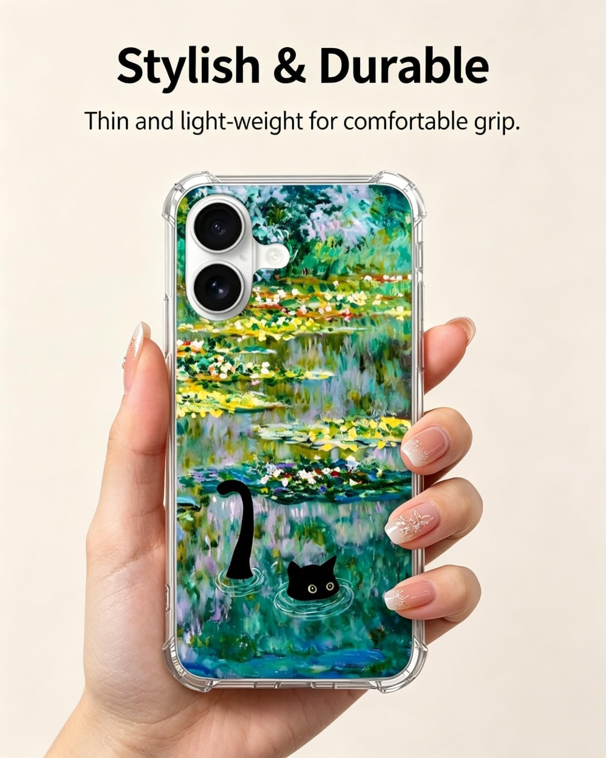 Water Lily Pond Black Cat Phone Case Compatible with iPhone 17, Cute Cat Painting Phone Cover for iPhone 17