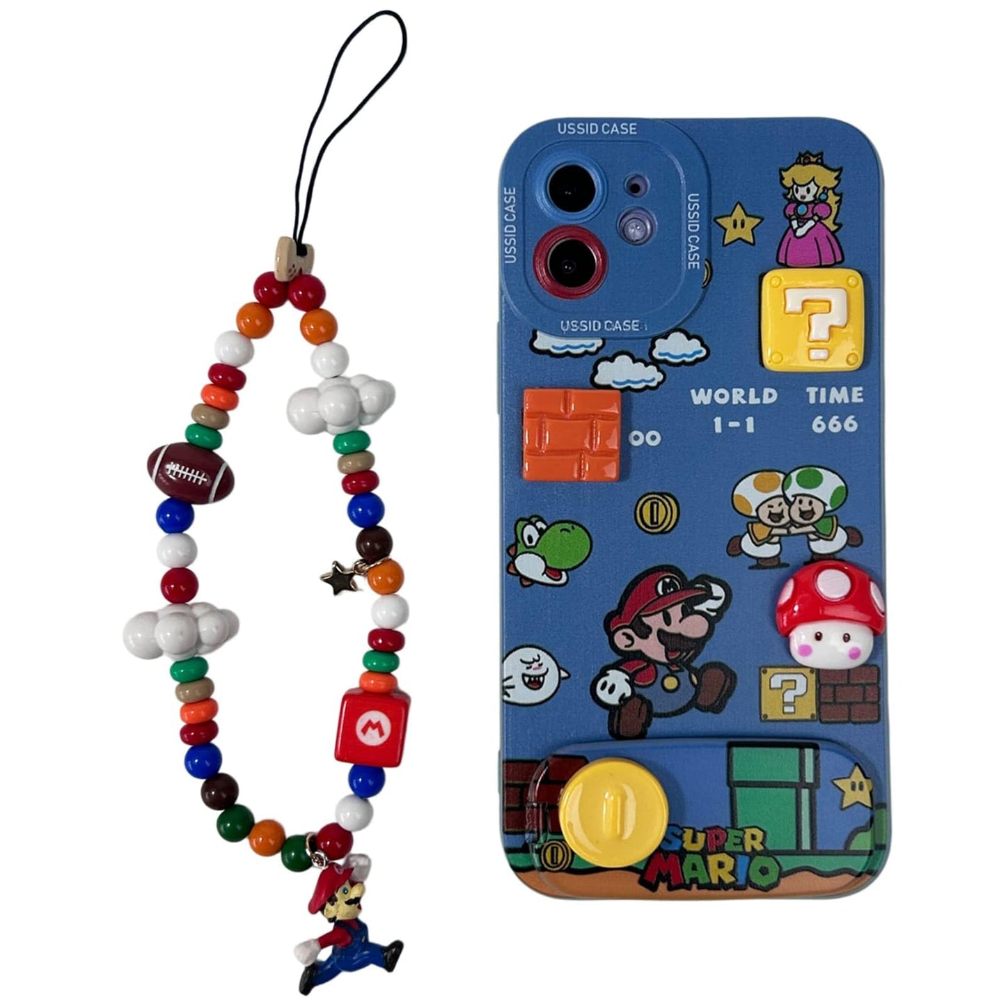 Mario Phone Case for iPhone 17 Pro Max with Mario Beaded Strap & Flip Mirror Kickstand, Cute Cartoon Shockproof Protective Cover with Peach Princess & Mushroom 3D Design (17pm)
