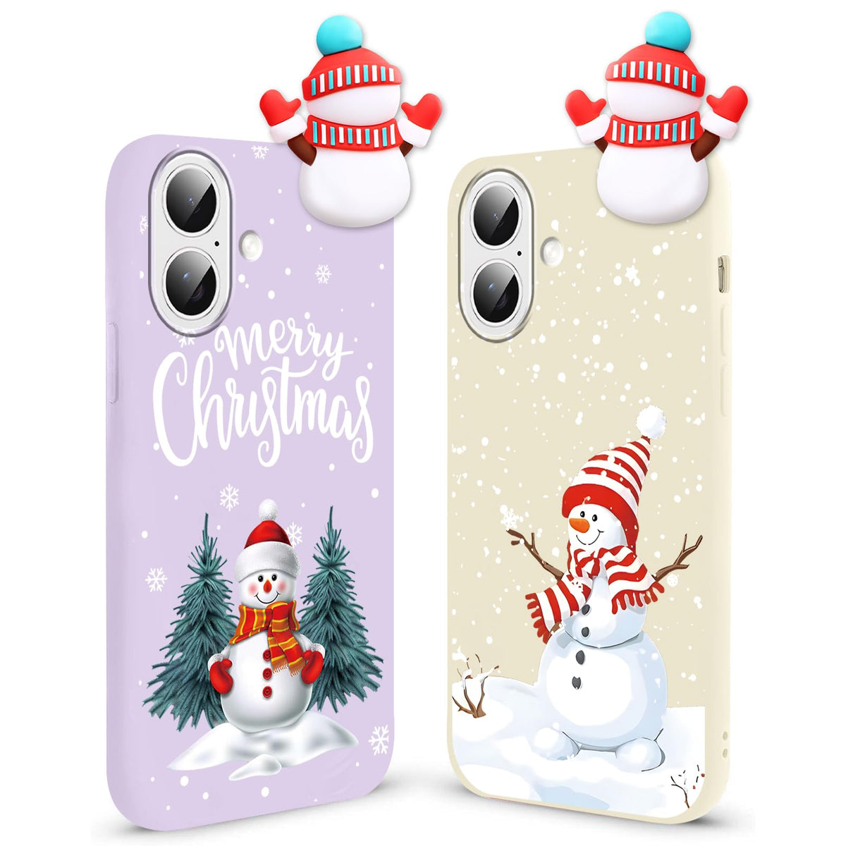 2 Pack Cute Christmas Case for iPhone 13/14",Red 3D Doll Snowman Elk Merry Christmas Pattern Soft Silicone TPU Pretty Flexible Protective Funda for Kid Girls Women