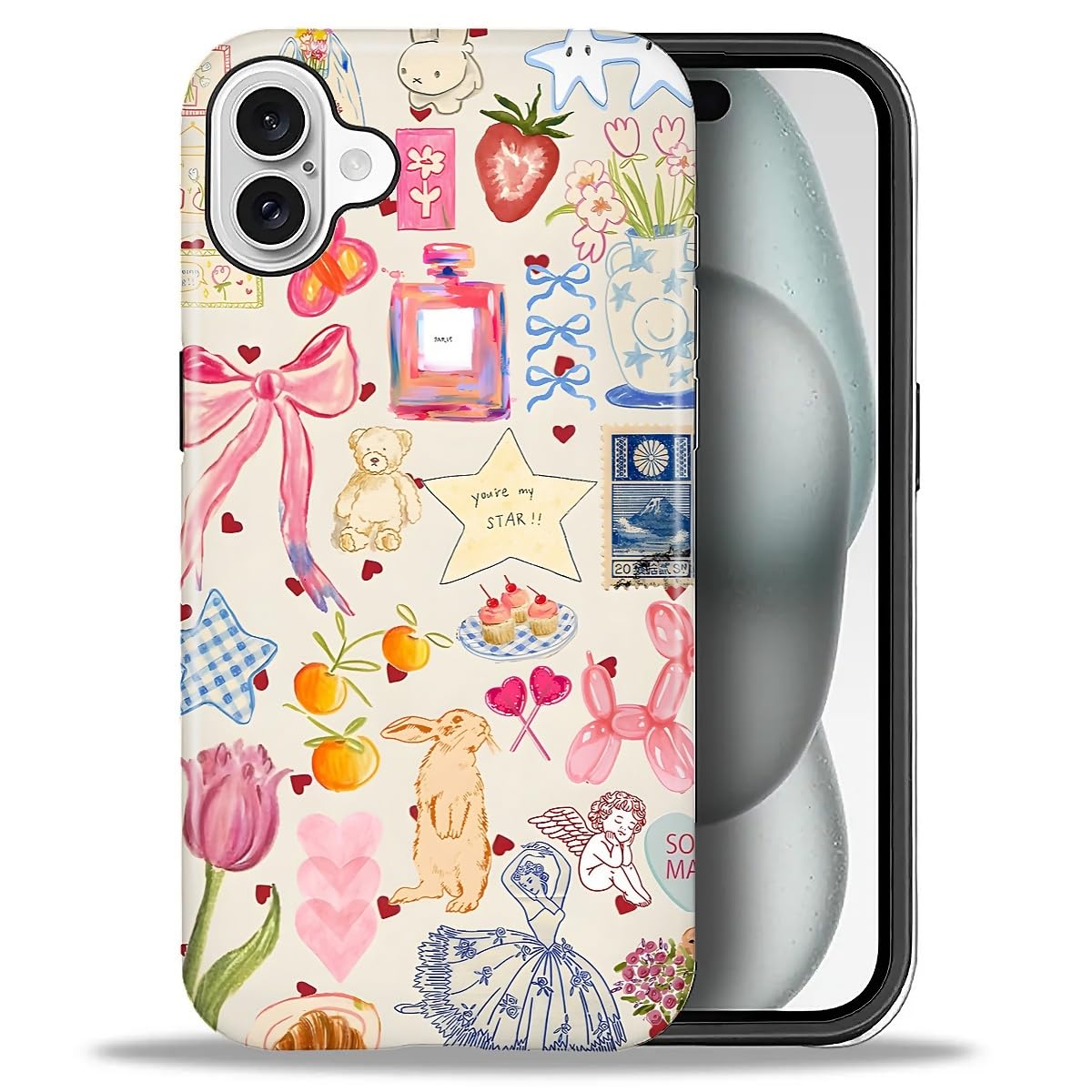for iPhone 15 Case,Hybrid 2-Layer Hard Shell + Silicone Protective Case -Resistant Shockproof- A Naughty Cat with Blue Stripes Eating Fish