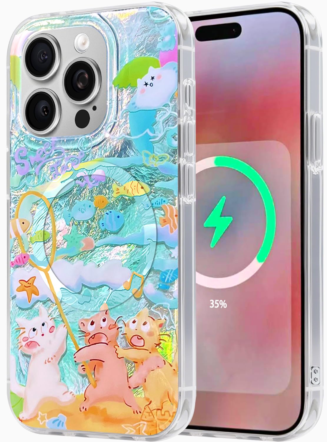 Compatible with iPhone 17 Case,with [Soft Slim][Camera Protection] Cute Fishing Cats Shiny Aesthetic Phone Cover Anti-Yellowing Shockproof Protective Cover for Women Girl