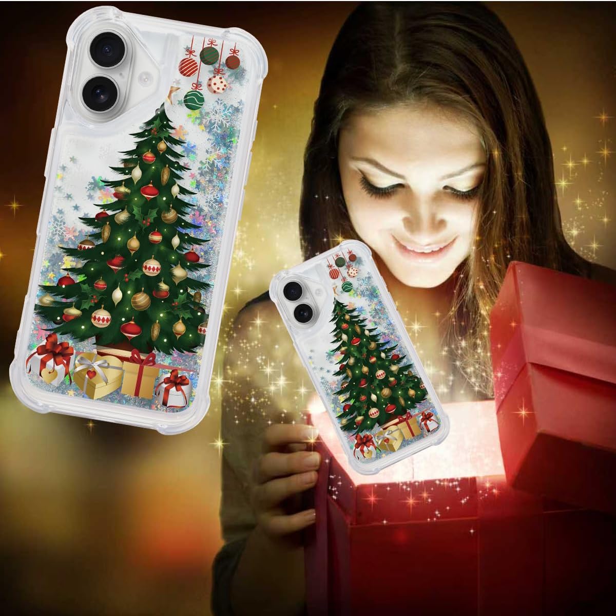 Glitter Christmas Case Compatible with iPhone 17 Bling Sparkle Floating Liquid Luxury Fashion Girly Women Cute Holiday Case for iPhone 17 (Christmas Tree)