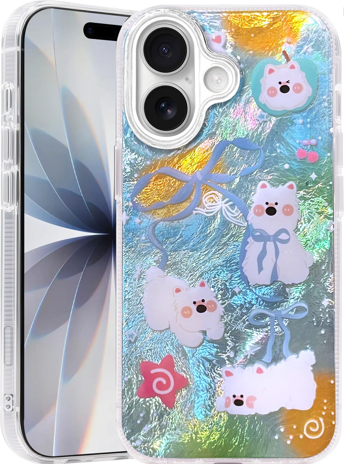 Compatible with iPhone 17 Case,with [Soft Slim][Camera Protection] Cute Fishing Cats Shiny Aesthetic Phone Cover Anti-Yellowing Shockproof Protective Cover for Women Girl