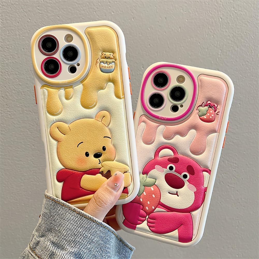Compatible with iPhone 16 Pro Cute Case, Kawaii Phone Case TPU Leather Cute Bear Cartoon case Soft Rubber Shockproof Protective for iPhone 16 Pro Case Cover for Women Girls
