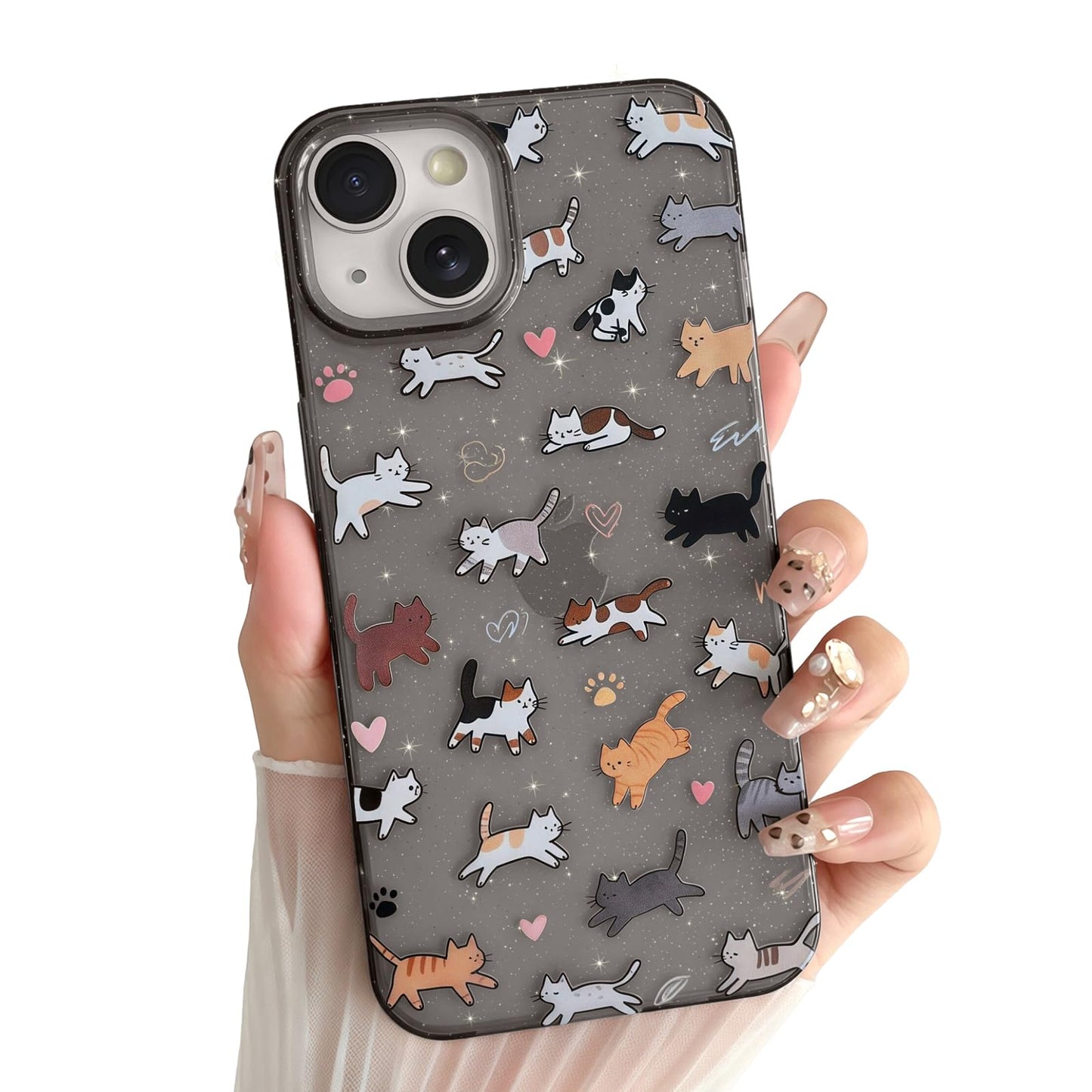 for iPhone 13 Phone Case, Cute 3D Cat Ears and Vintage Hand-Drawn Multi-Cats Heart Cartoon Pattern, with Cat Paw Buttons, Trendy Shockproof Soft Protective Phone Cover, Cat Ears