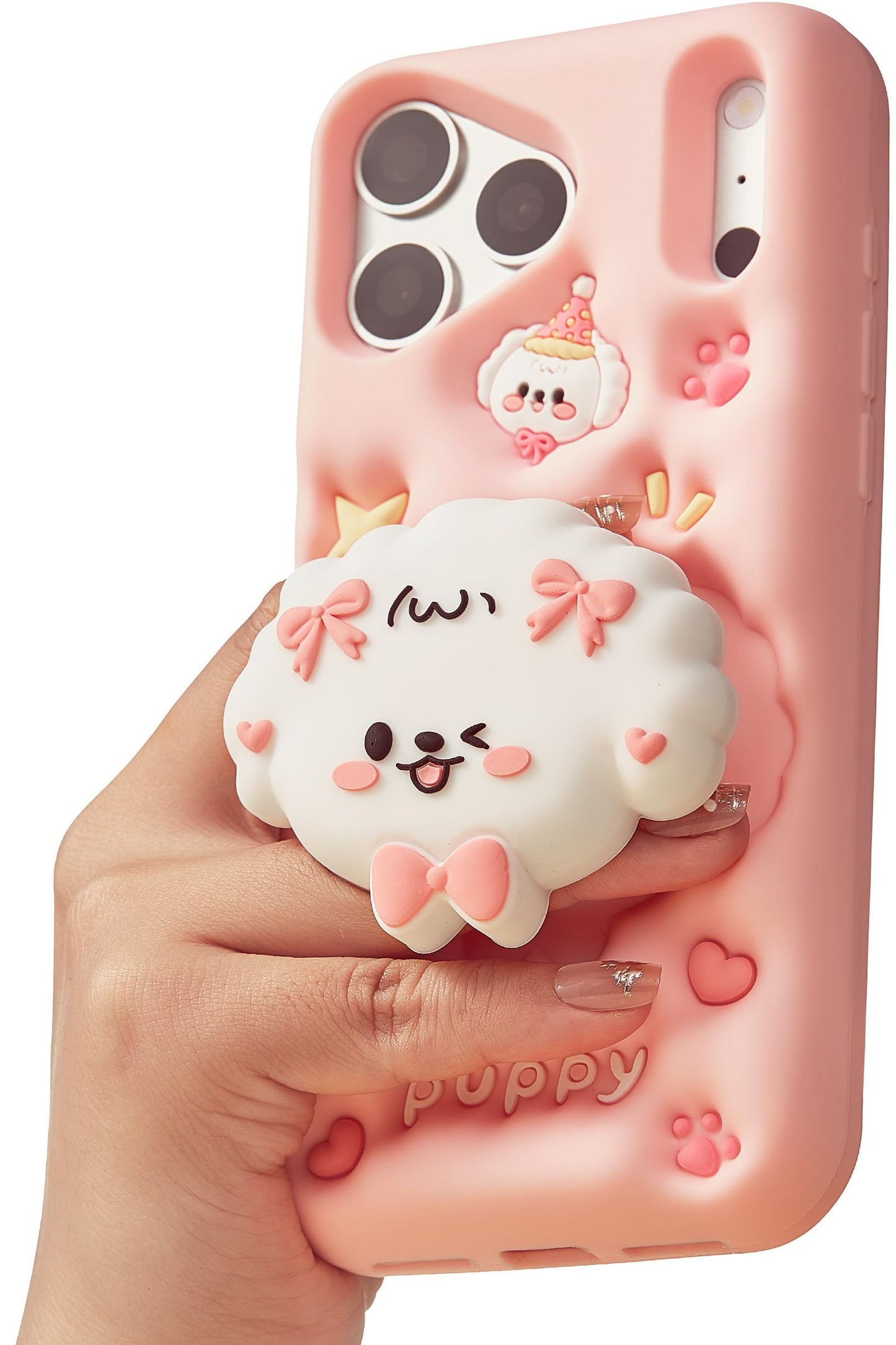 for iPhone 17 Pro Max Case, Kawaii Teddy Bear Pop-Up Grip for Girls | Makes Mirror Selfies Sweeter, Cute Girly 3D Animal Style with Stand, Soft Silicone Drop Protection