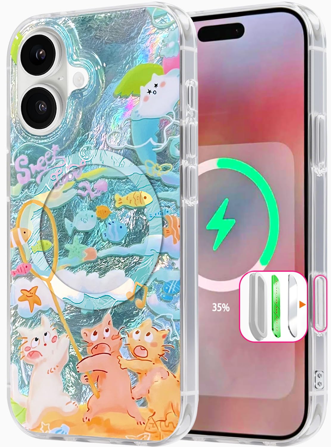 Compatible with iPhone 17 Case,with [Soft Slim][Camera Protection] Cute Fishing Cats Shiny Aesthetic Phone Cover Anti-Yellowing Shockproof Protective Cover for Women Girl