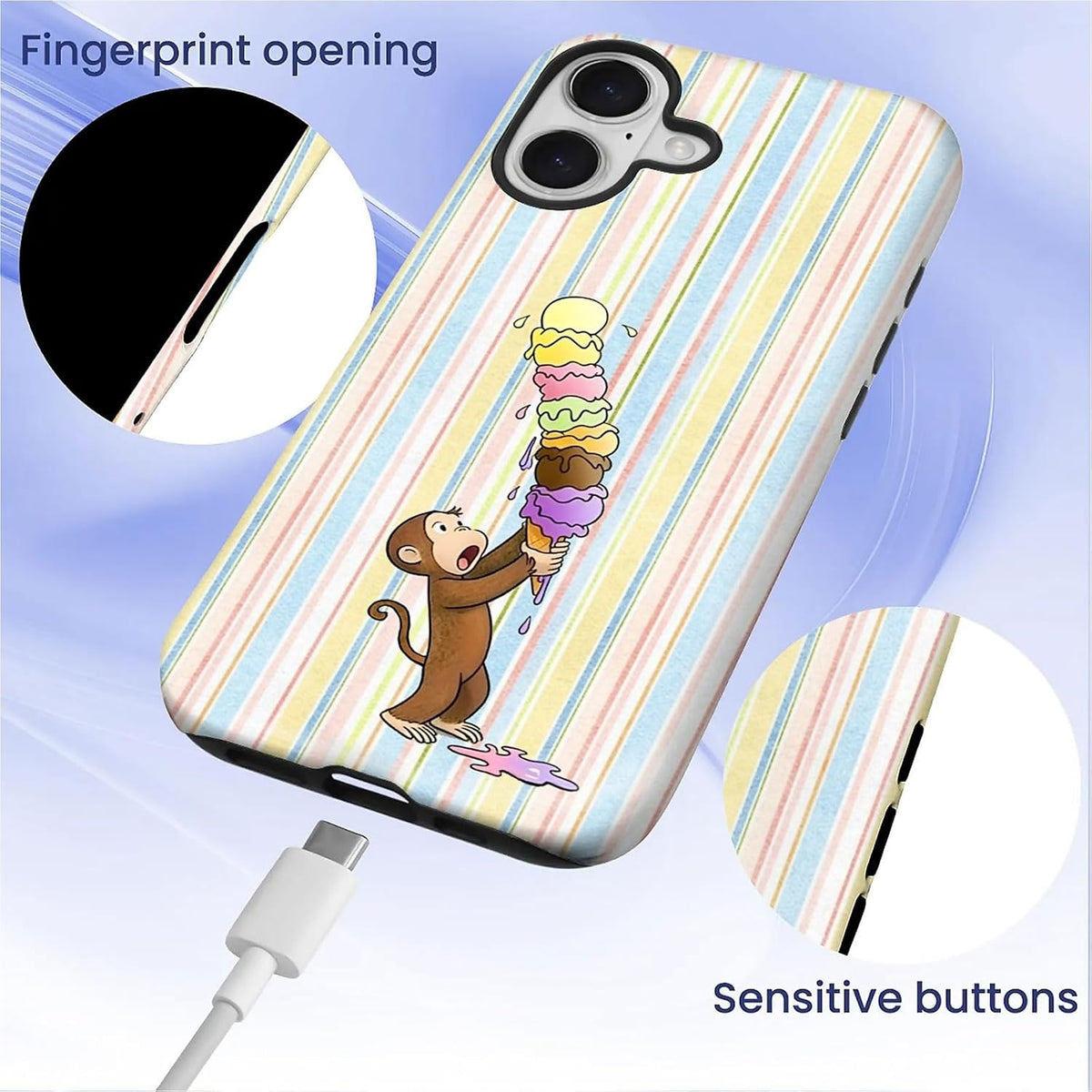 Case Compatible with iPhone 17, Girl Hybrid 2-Layer Hard Shell + Silicone Protective Case -Scratch-Resistant Shockproof - Colorful Stripes A Monkey Eating Ice Cream