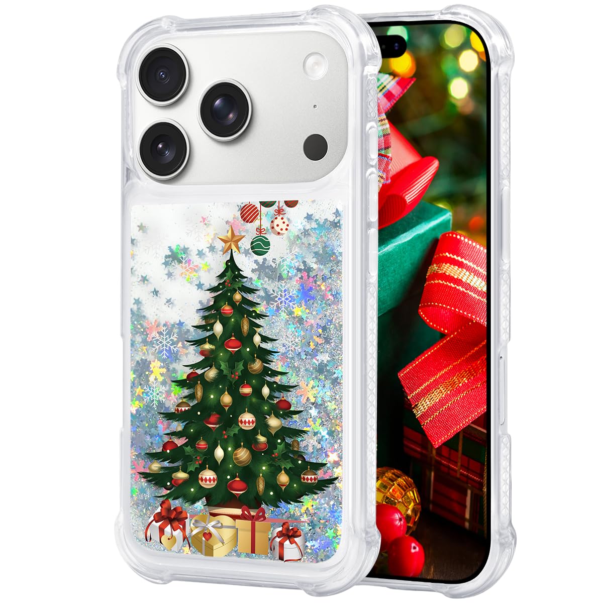 Glitter Christmas Case Compatible with iPhone 17 Bling Sparkle Floating Liquid Luxury Fashion Girly Women Cute Holiday Case for iPhone 17 (Christmas Tree)