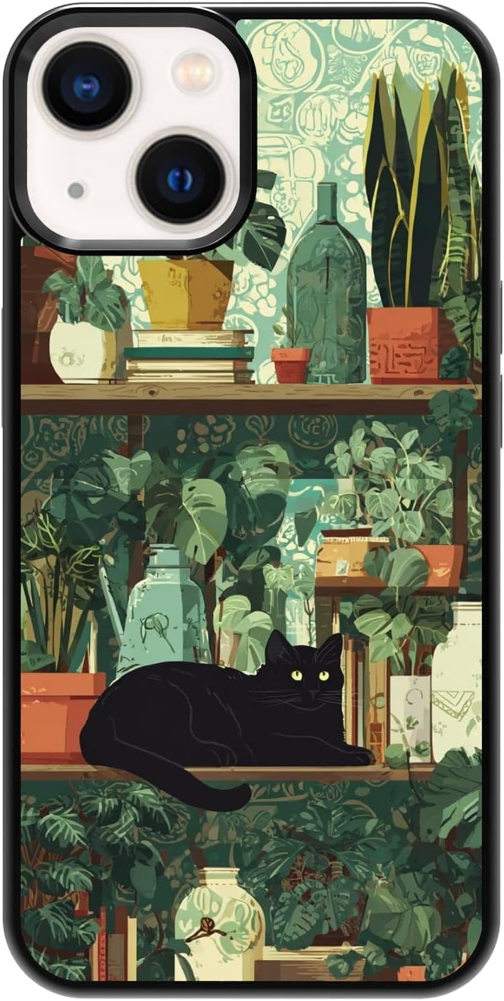 Black Cat Indoor Jungle Potted Plants Bookshelf Dark Green Botanical Urban Forest Phone Case, Shockproof Protective Cover for iPhone 11 12 13 14 15 16 17 Pro Max Plus Mini XR 7 8 SE