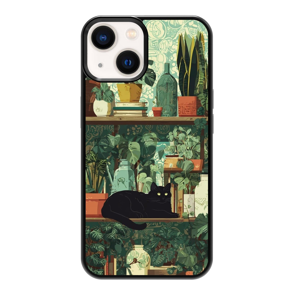 Black Cat Indoor Jungle Potted Plants Bookshelf Dark Green Botanical Urban Forest Phone Case, Shockproof Protective Cover for iPhone 11 12 13 14 15 16 17 Pro Max Plus Mini XR 7 8 SE