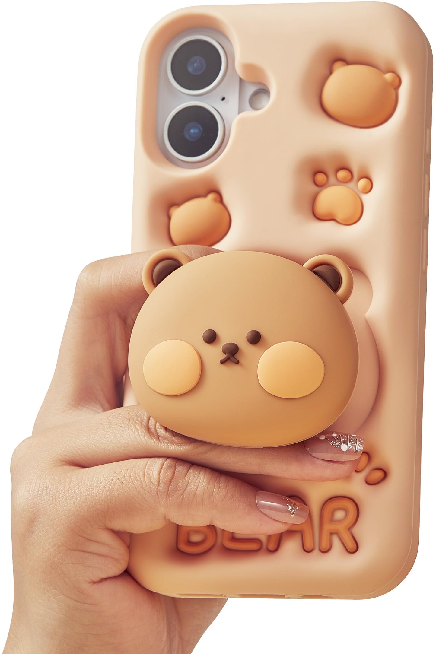 Kawaii 3D Teddy Bear Phone Case for iPhone 12 mini / 13 mini (with Stand and Grip) Cute Girly Cartoon Animal Phone Cover for Girls, Boys, Kids, Teens, and Women, Tan | Makes Mirror Selfies Sweeter, Cute Girly 3D Animal Style with Stand, Soft Silicone Drop