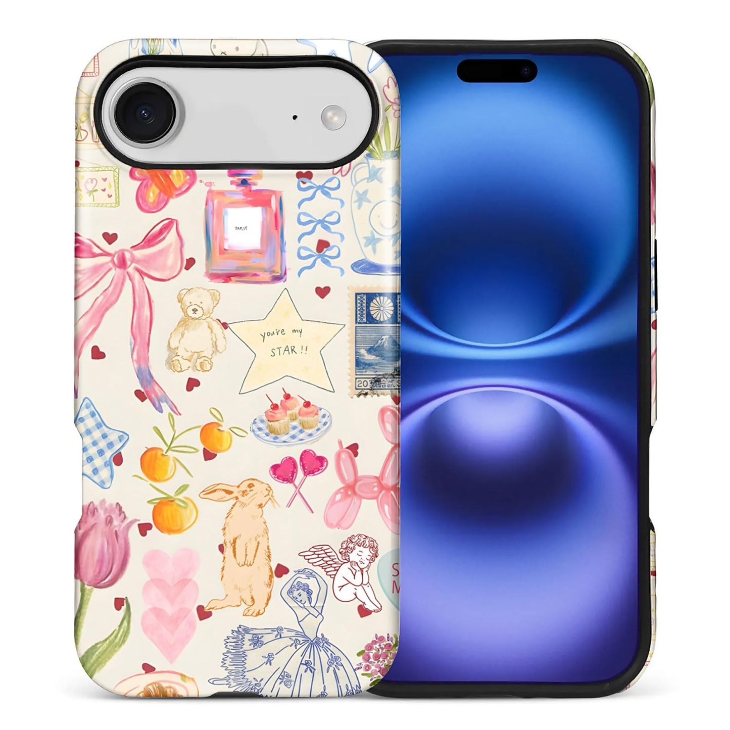 for iPhone 15 Pro Case,Hybrid 2-Layer Hard Shell + Silicone Protective Case -Resistant Shockproof- A Naughty Cat with Blue Stripes Eating Fish