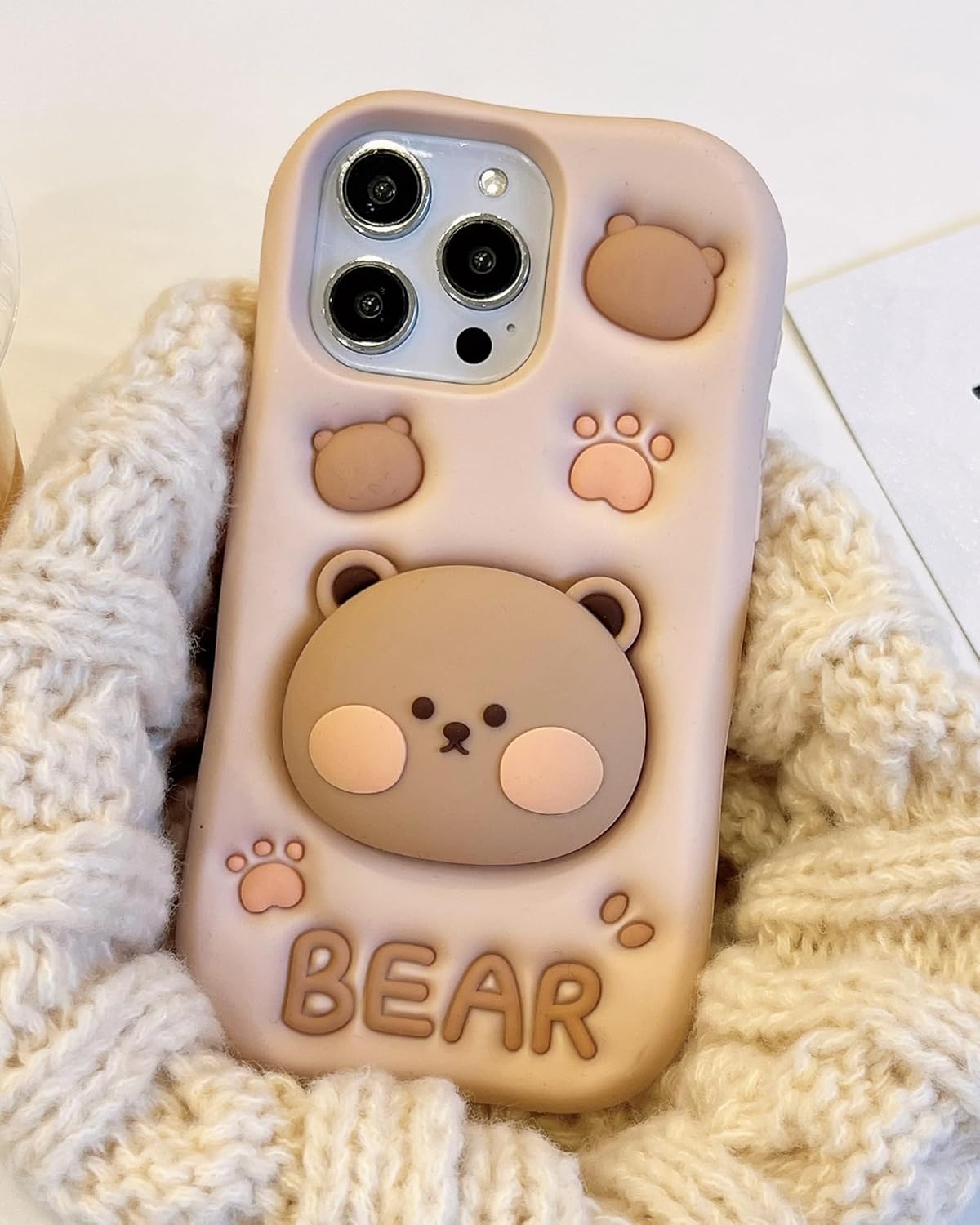 Kawaii 3D Teddy Bear Phone Case for iPhone 12 mini / 13 mini (with Stand and Grip) Cute Girly Cartoon Animal Phone Cover for Girls, Boys, Kids, Teens, and Women, Tan | Makes Mirror Selfies Sweeter, Cute Girly 3D Animal Style with Stand, Soft Silicone Drop