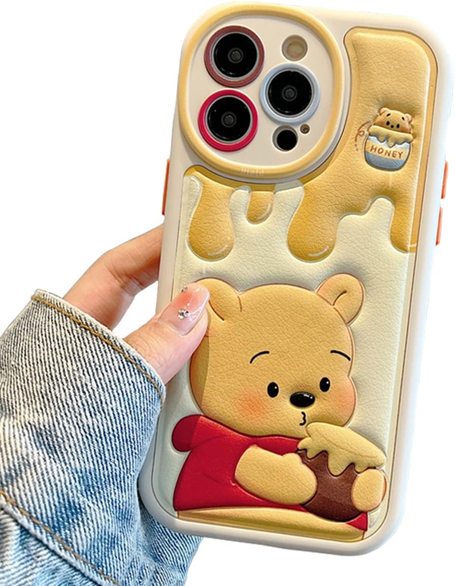 Compatible with iPhone 16 Pro Cute Case, Kawaii Phone Case TPU Leather Cute Bear Cartoon case Soft Rubber Shockproof Protective for iPhone 16 Pro Case Cover for Women Girls