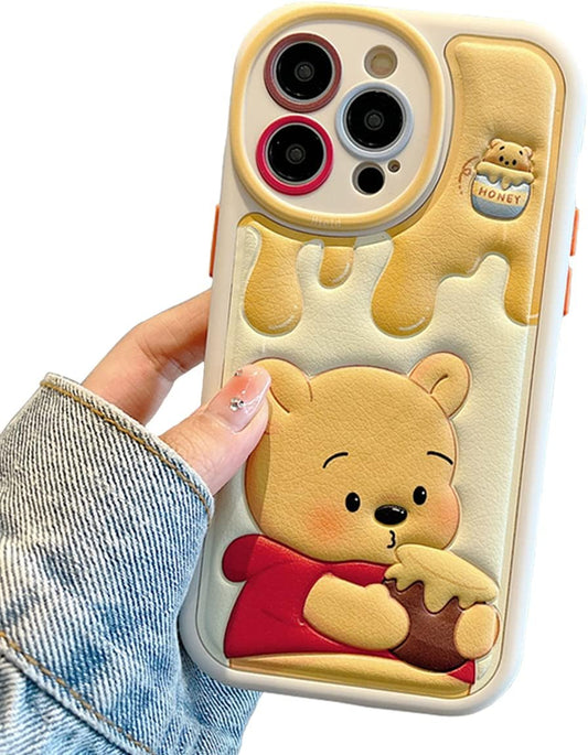 Compatible with iPhone 16 Pro Cute Case, Kawaii Phone Case TPU Leather Cute Bear Cartoon case Soft Rubber Shockproof Protective for iPhone 16 Pro Case Cover for Women Girls