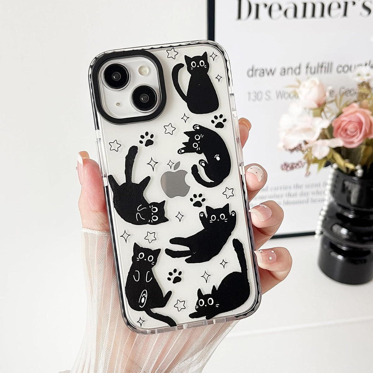 Compatible with iPhone 13 / iPhone 14 Case,Clear Cute Black Cat Pattern with Shockproof Slim Soft TPU Protective Phone Case for Women
