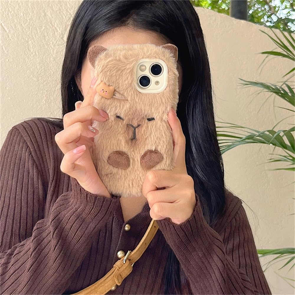 Cute Capybara Case Compatible with iPhone 16, Fuzzy Fluffy Fur Capybara Cover with Furry Plush Animal Keychain Pendant Warm Winter Case for Women Girls (for iPhone 16) Brown