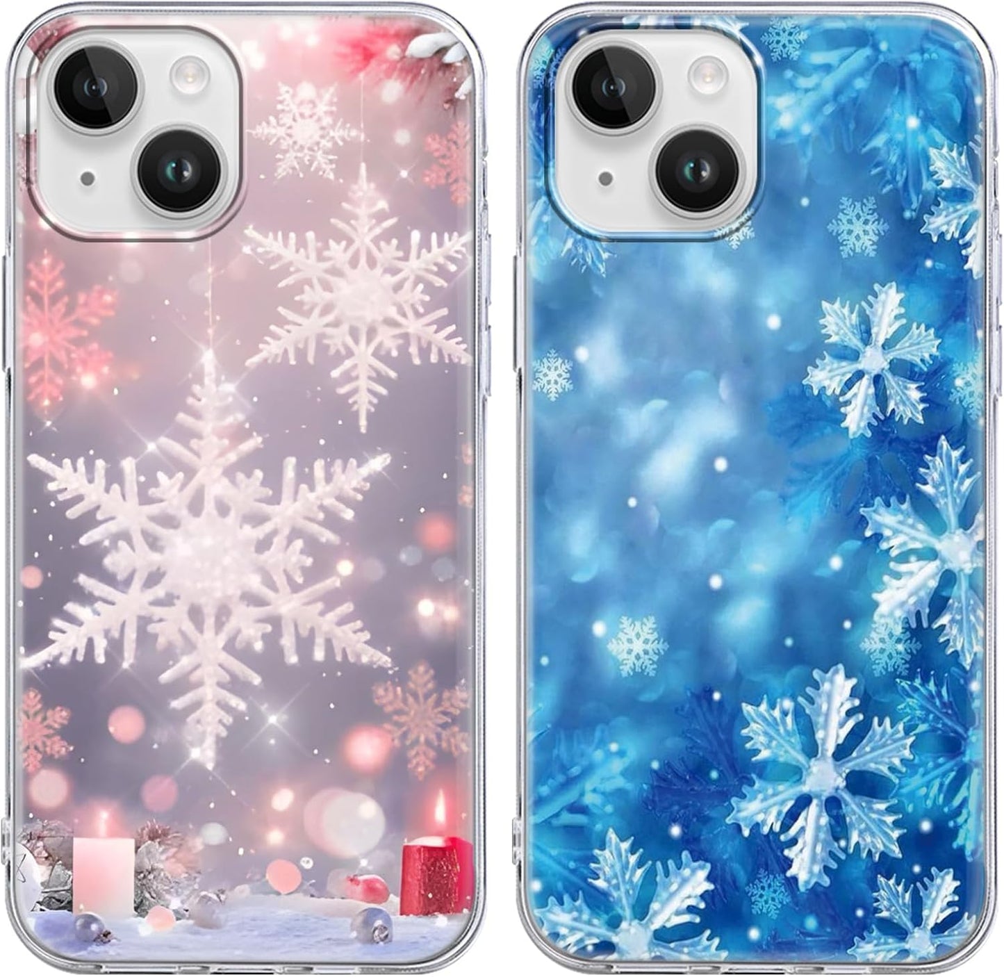 Christmas 2 Pack for iPhone 14/13 Phone Cases, Cute Case with Snowflake Printed Pink Blue Pattern Clear Soft Aesthetic Design Funda Flexible Ultra-Thin Girly Protective Women Cover