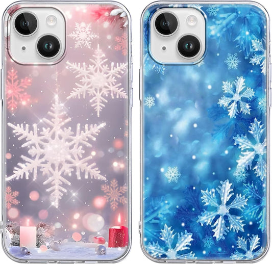 Christmas 2 Pack for iPhone 14/13 Phone Cases, Cute Case with Snowflake Printed Pink Blue Pattern Clear Soft Aesthetic Design Funda Flexible Ultra-Thin Girly Protective Women Cover