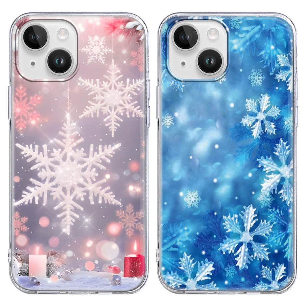 Christmas 2 Pack for iPhone 14/13 Phone Cases, Cute Case with Snowflake Printed Pink Blue Pattern Clear Soft Aesthetic Design Funda Flexible Ultra-Thin Girly Protective Women Cover