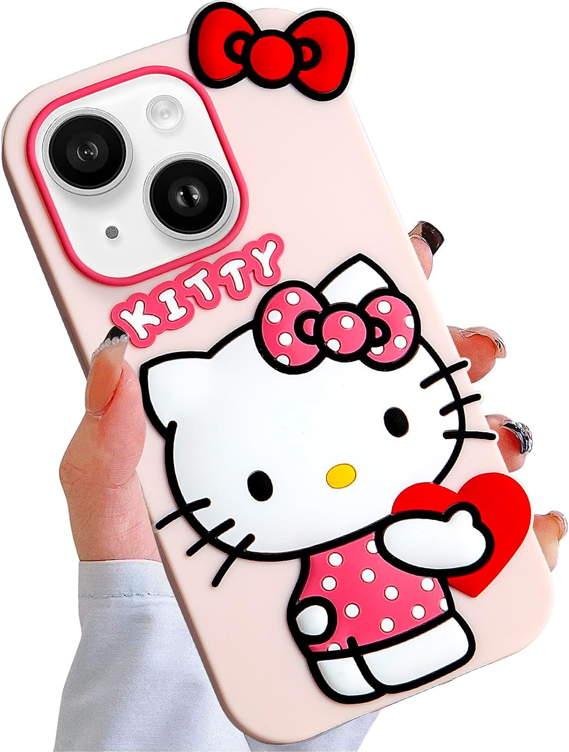 Compatible with iPhone 13/14 Case, Cute Funny Cartoon Kawaii Cat Phone Case 3D Character Soft Silicone Pink Cover Case for Kids Girls and Womens (6.1 inch)