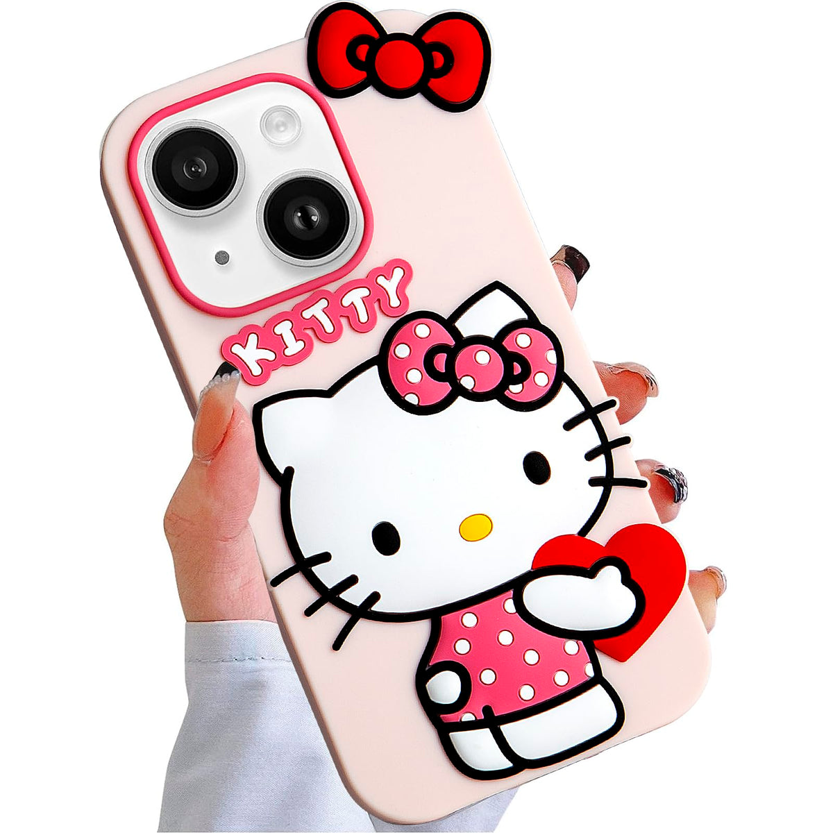 Compatible with iPhone 13/14 Case, Cute Funny Cartoon Kawaii Cat Phone Case 3D Character Soft Silicone Pink Cover Case for Kids Girls and Womens (6.1 inch)