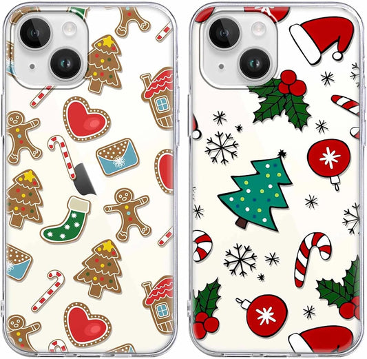 2 Pack Clear Christmas Phone Case for iPhone 13/14 6.1 inches, Cute Cookies Candy Canes Yellow-Resistant Protective Soft Slim Shockproof Xmas TPU Bumper Cover for Girls Woman Men