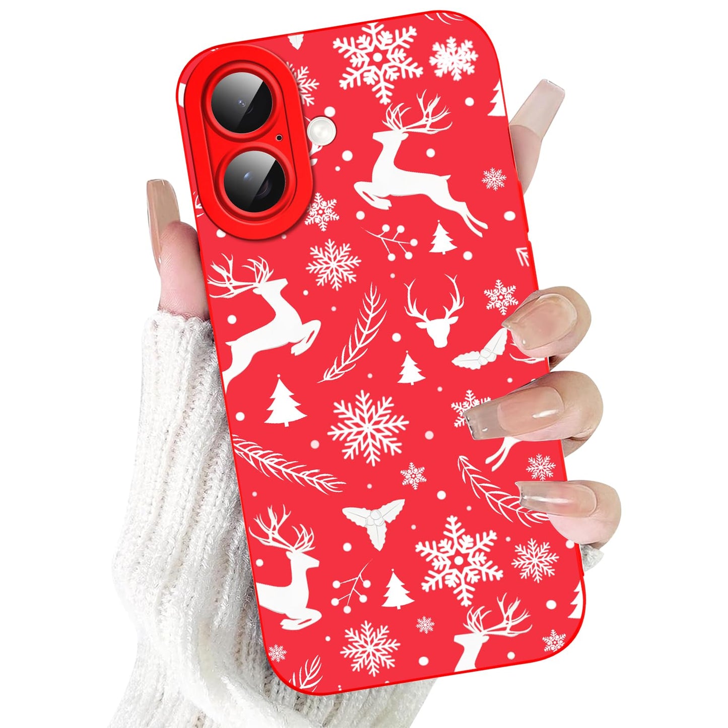 Merry Christmas Phone Case for iPhone 16 6.1，Cute Silicone Case with Xmas Tree Snowflakes, Elk Pattern，Soft Protective Shockproof Gifts for Girls Women Men Boys-Red White Snowflake