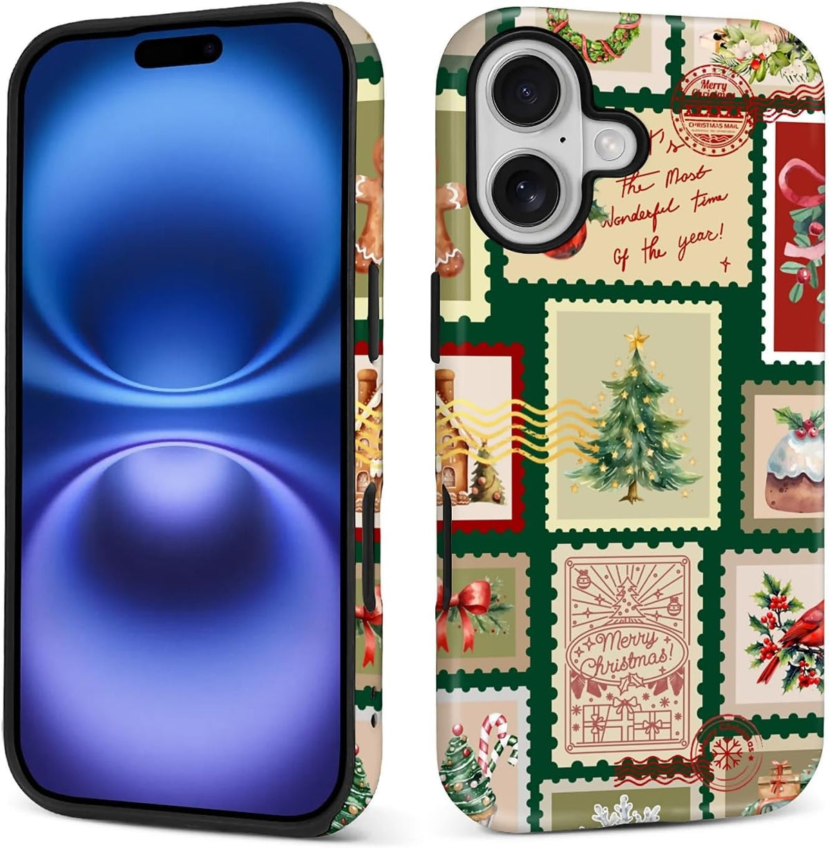 Case for iPhone 17,Drop Protection Hybrid 2-Layer Hard Phone Cover-Vintage Christmas Stamps Collage