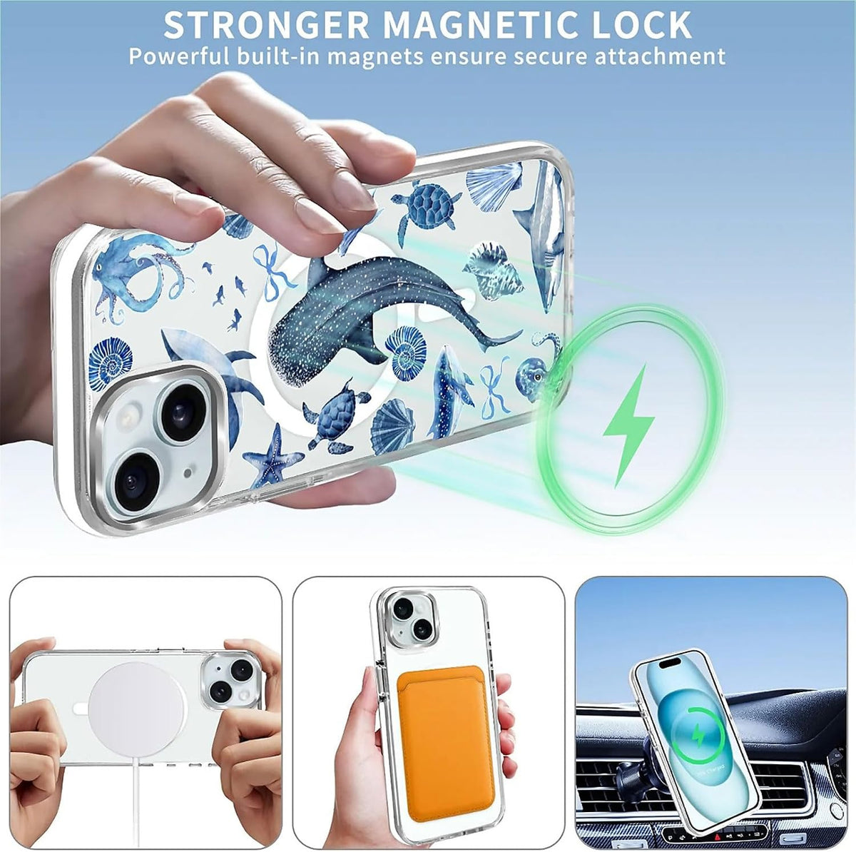 for iPhone 15 Case,Compatible with MagSafe,The Transparent TPU Silicone Protects The Phone Case from Drops, Slips and Fingerprints.Blue Ocean Whale Shark Octopus Turtle Collage