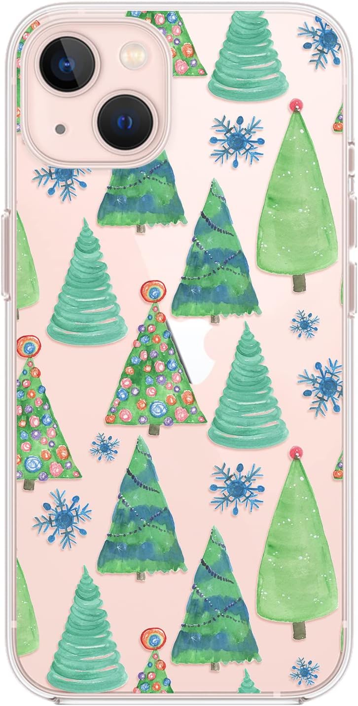Blingy's for iPhone 13 Case (6.1 inch), Cute Winter Christmas Pattern with Snowflake Design Transparent Soft TPU Protective Clear Case (Christmas Trees)