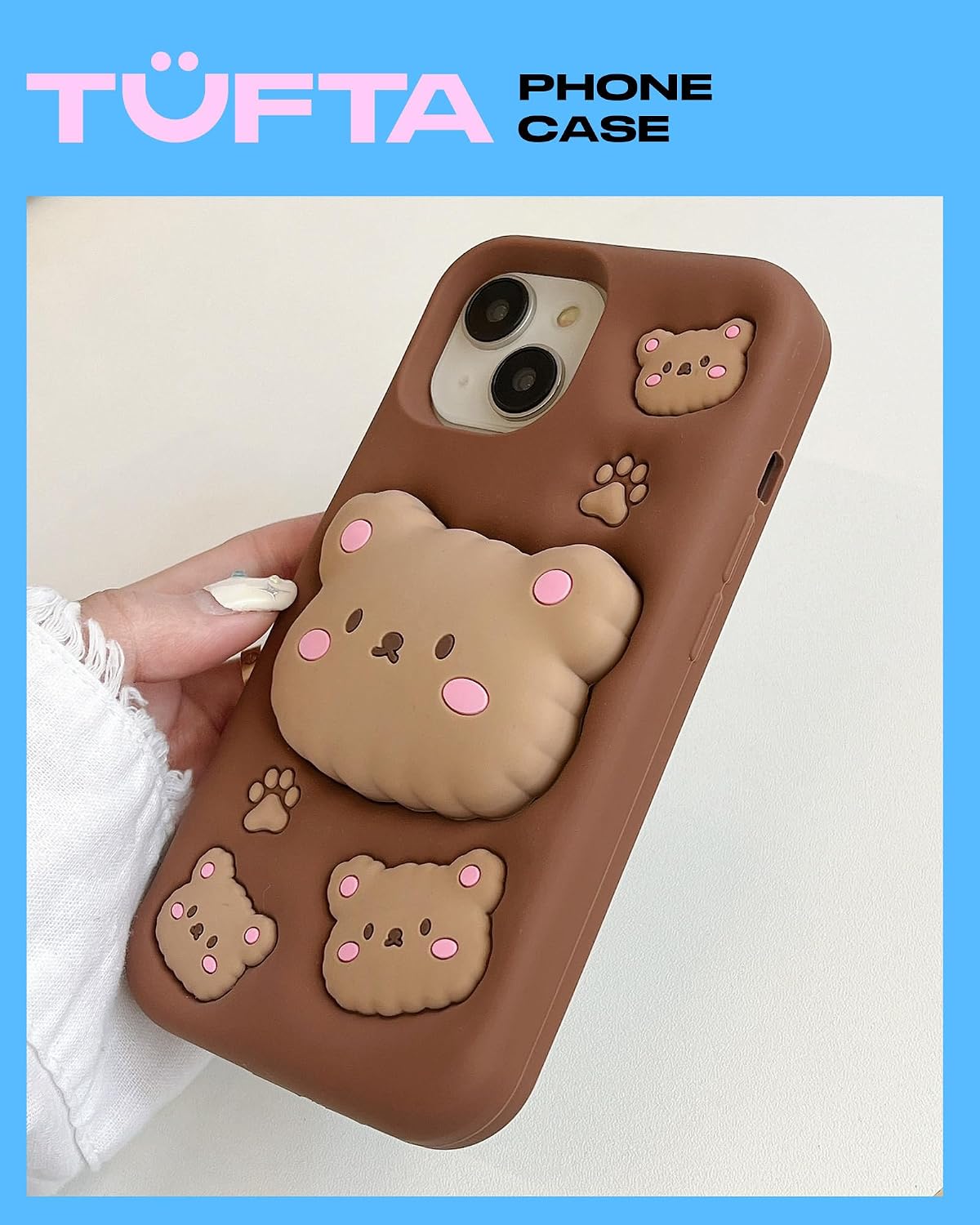 for iPhone 17 Pro Max Case, Kawaii Teddy Bear Pop-Up Grip for Girls | Makes Mirror Selfies Sweeter, Cute Girly 3D Animal Style with Stand, Soft Silicone Drop Protection