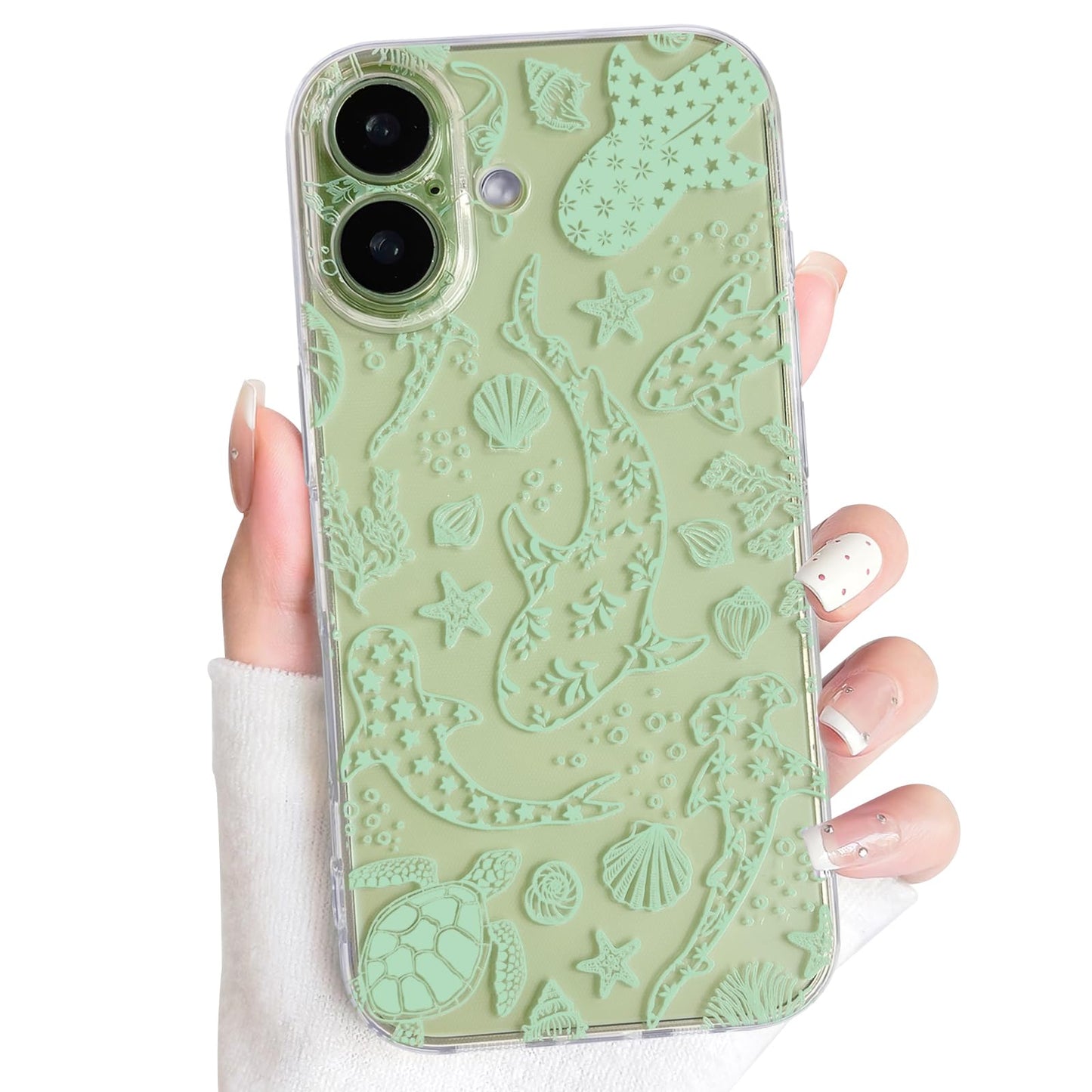NITITOP Compatible with iPhone 16 Case Clear Sea - White Turtle | Cute, Shell whale ocean animal, For women men girls boys, Slim, Soft TPU, Shockproof