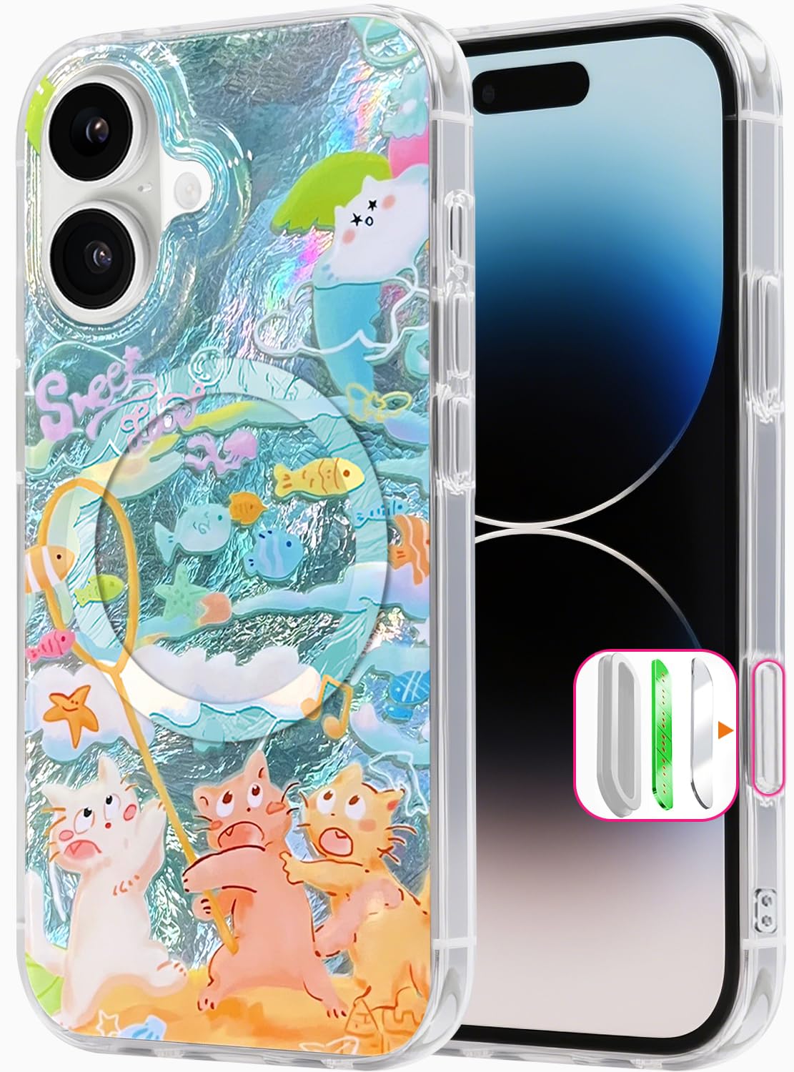 Compatible with iPhone 17 Pro Case,with [Soft Slim][Camera Protection] Cute Fishing Cats Shiny Aesthetic Phone Cover Anti-Yellowing Shockproof Protective Cover for Women Girl