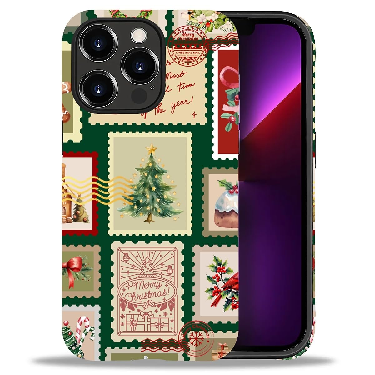 Case for iPhone 17,Drop Protection Hybrid 2-Layer Hard Phone Cover-Vintage Christmas Stamps Collage